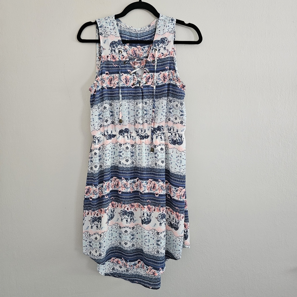 Patterned Floral Dress Elephant Paisley Stripes Sleeveless Blue Pink Hi Low Med